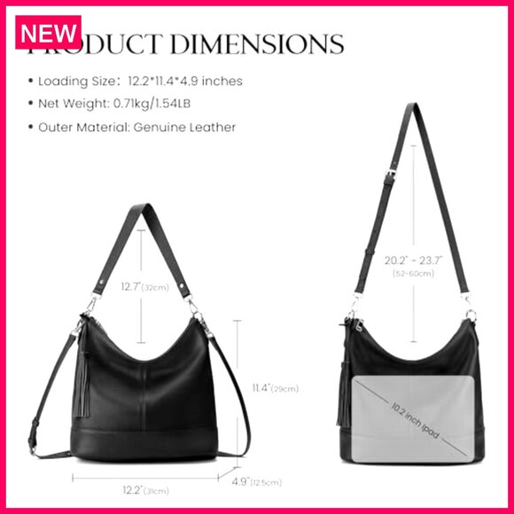 Genuine Leather Hobo Crossbody Bag with Removable Straps, 11L Capacity - Picture 6 of 8